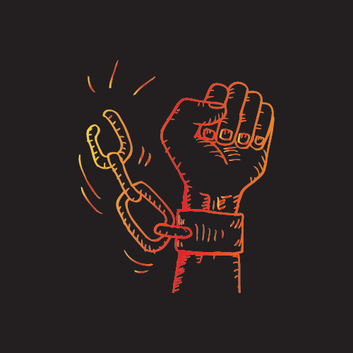 Illustrated fist with a manacle on it, with a broken chain