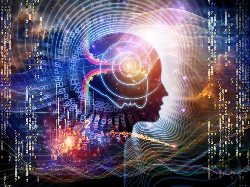 Arrangement of human feature lines and symbolic elements on the subject of human mind consciousness imagination science and creativity