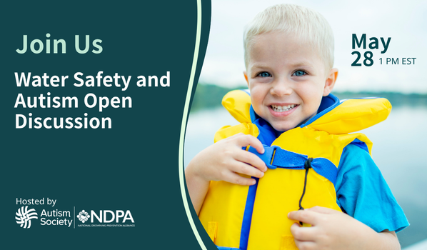 A young boy wearing a life vest. Text reads: Join Us. Water Safety and Autism Webinar