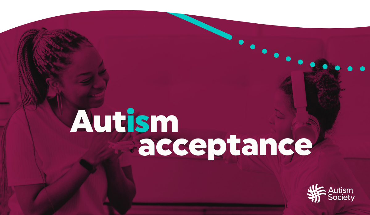A womon sitting with a young girl wearing headphones. Text reads Autism Acceptance