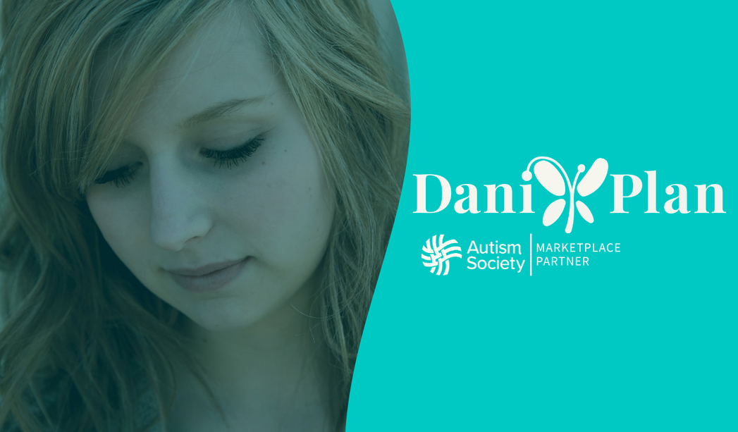 A young woman looking down. Dani Plan and Autism Society Marketplace logos pictured.