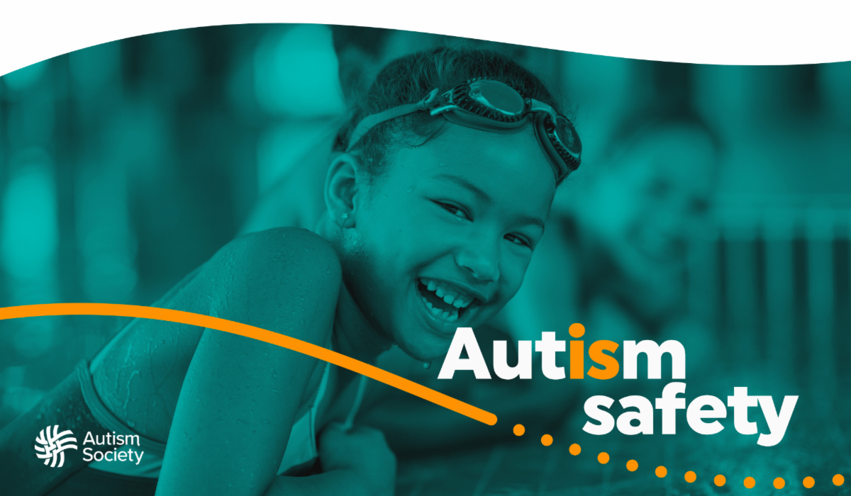 An image of a young girl leaning on the side of a pool. Text reads: Autism Safety