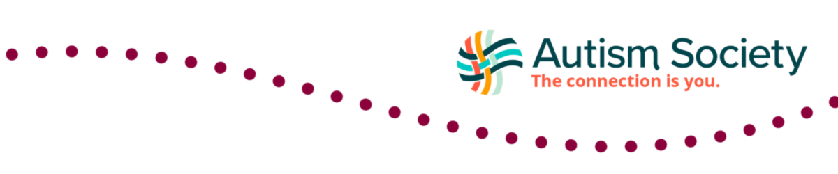 A line of cranberry colored dots and the Autism Society Logo