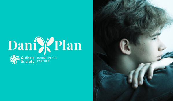 A young man looking out a window. Dani Plan and Autism Society logos