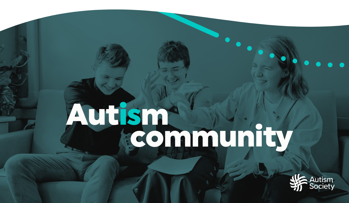 A photo of a group of young people sitting and smiling. Text reads: Autism Community