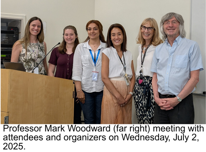 Professor Mark Woodward meeting with attendees and organizers on July 2 2025 for a seminar on sex and gender in cardiovascular health