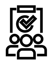 Icon showing three people in front of a clipboard message that has a check mark showing that it has been approved.