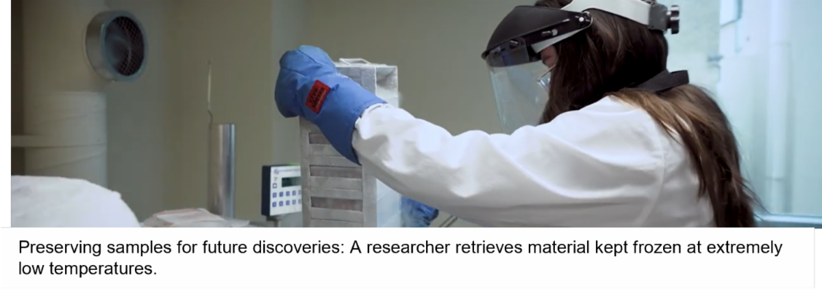 Preserving samples for future discoveries: A researcher retrieves material kept frozen at extremely low temperatures.