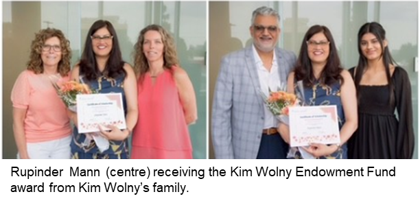 Rupinder Mann receiving the Kim Wolny Endowment Fund award from Kim Wolny's family