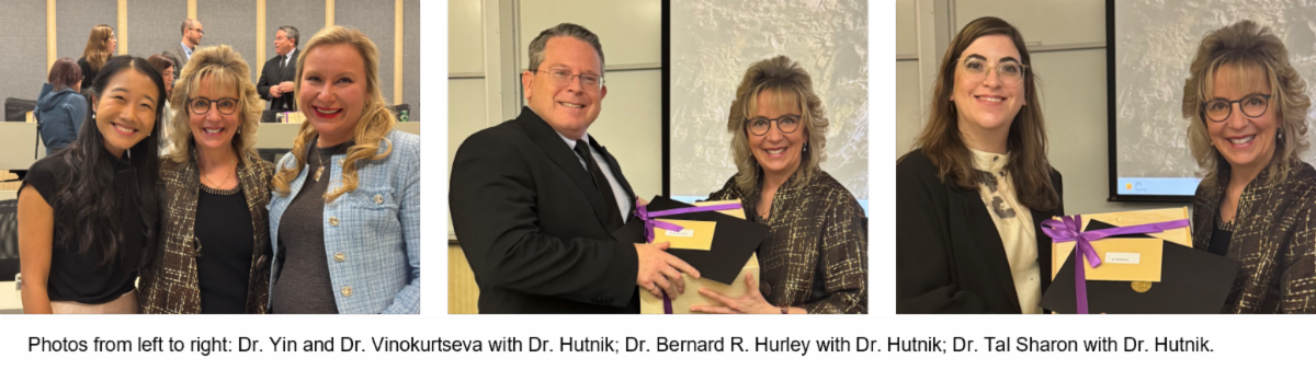 Ophthalmology Research Day photos from left to right: Dr. Yin and Dr. Vinokurtseva with Dr. Hutnik; Dr. Bernard R. Hurley with Dr. Hutnik; Dr. Tal Sharon with Dr. Hutnik.