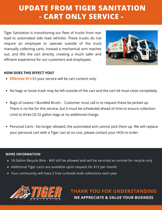 HCR Message from Tiger Sanitation Cart Only Service UPDATE