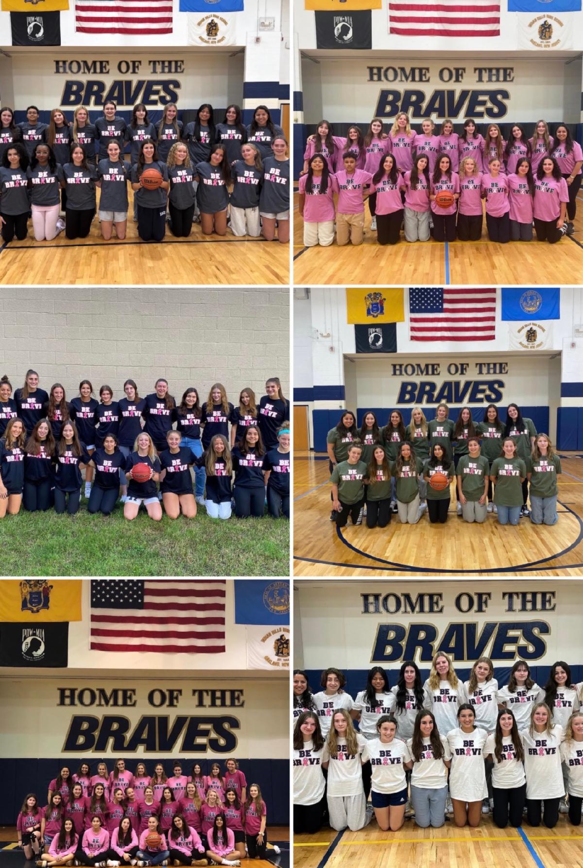 Indian Hills Girld Basketball team wearing their Be Brave fundraising tee shirts. Each year they sell the shirts to raise money to donate to the Breast Center at Valley Hospital.