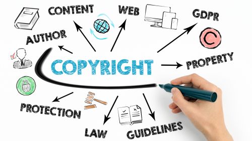 Copyright Concept. Chart with keywords and icons on white background