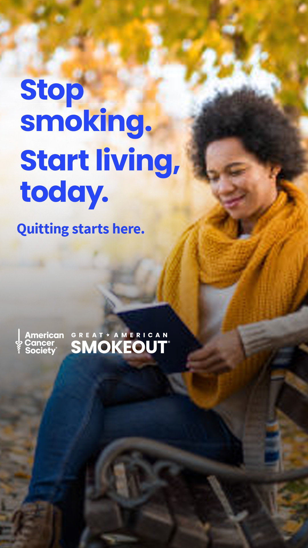 Person on a bench with text that reads "stop smoking, start living today."