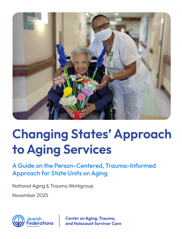 Cover page of the guide with a photograph of nurse and an older adult who is in a wheelchair and holding flowers