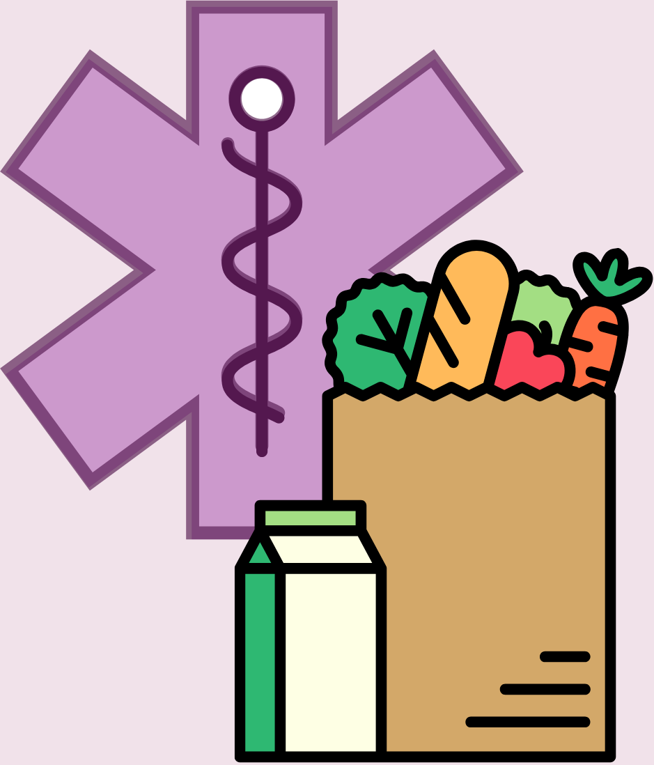 A medical symbol behind a grocery bag full of food
