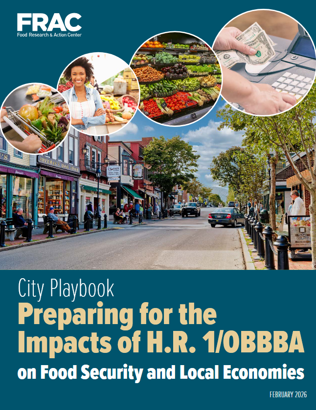Cover page of the FRAC City Playbook with text and photos of a street, money, and food