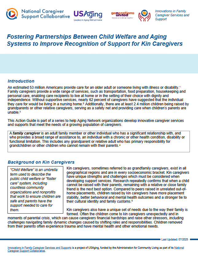 First page of the Fostering Partnerships Between Child Welfare and Aging Action Guide