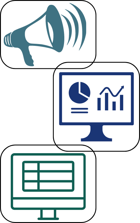 Icons for communication, a dashboard on a computer screen, and a table on a computer screen