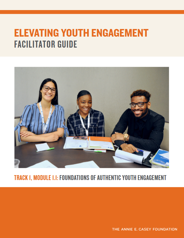 Elevating Youth Engagement Facilitator Guide cover page with a picture of smiling young adults at a table with papers