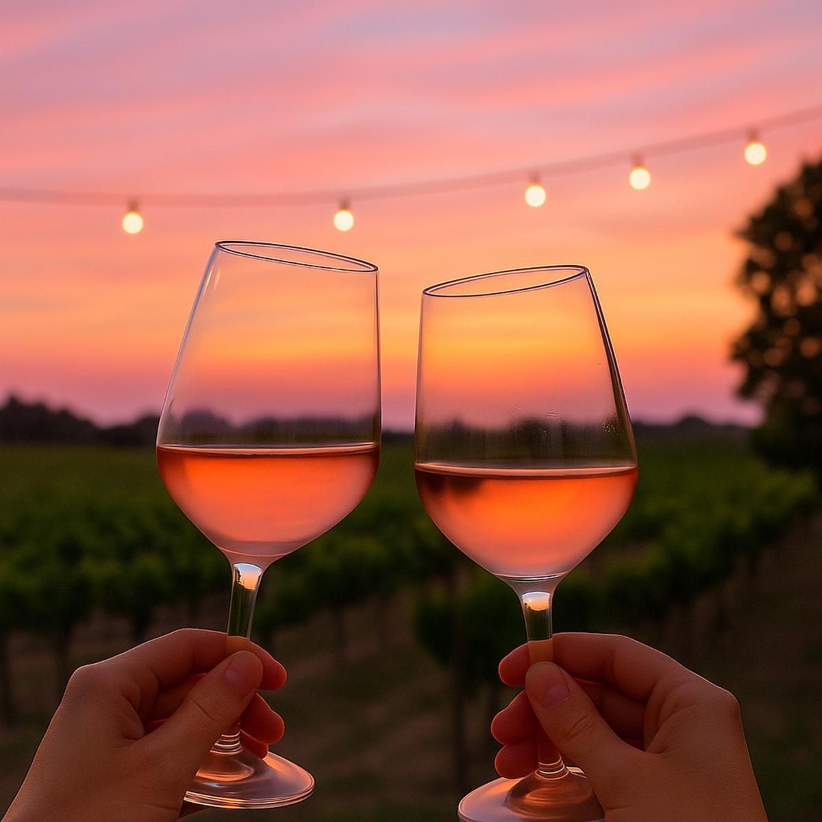 A sunset with glasses of wine in a vineyard.