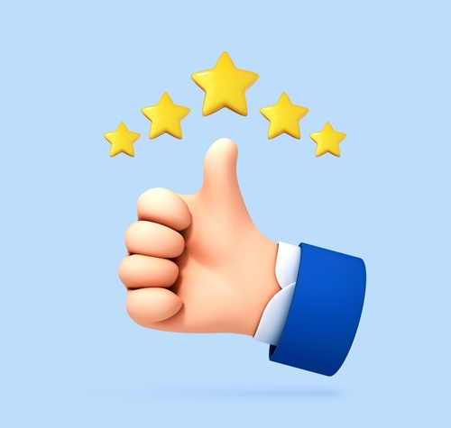 3D cartoon thumb up with a five star rating. Customer evaluation. Customer review rating. Vector 3d illustration.  