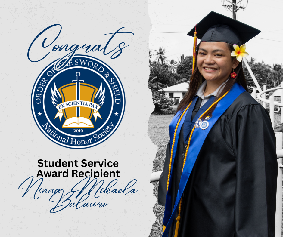 Congratulations Graphic, with photo of Ninna in graduation regalia and OSS pins and honor cords