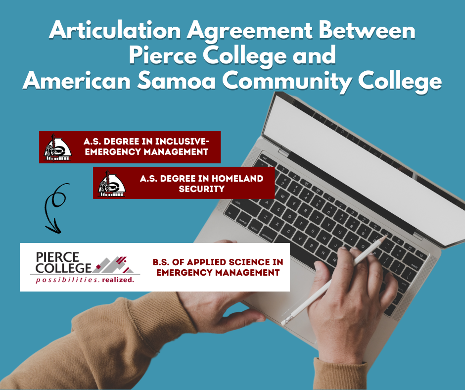 Graphic with laptop user and text "Articulation Agreement between ASCC and Pierce College"
