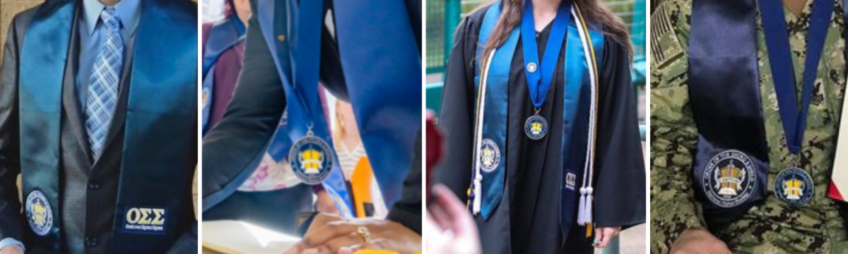 Photo collage of OSS members wearing medallions, pins, graduation sashes and stoles.