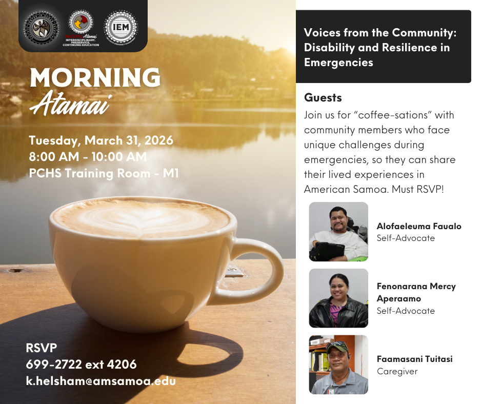 Morning Atamai graphic with coffee mug photo, and photos of guest speakers, Alofa, Mercy and Faamasani.