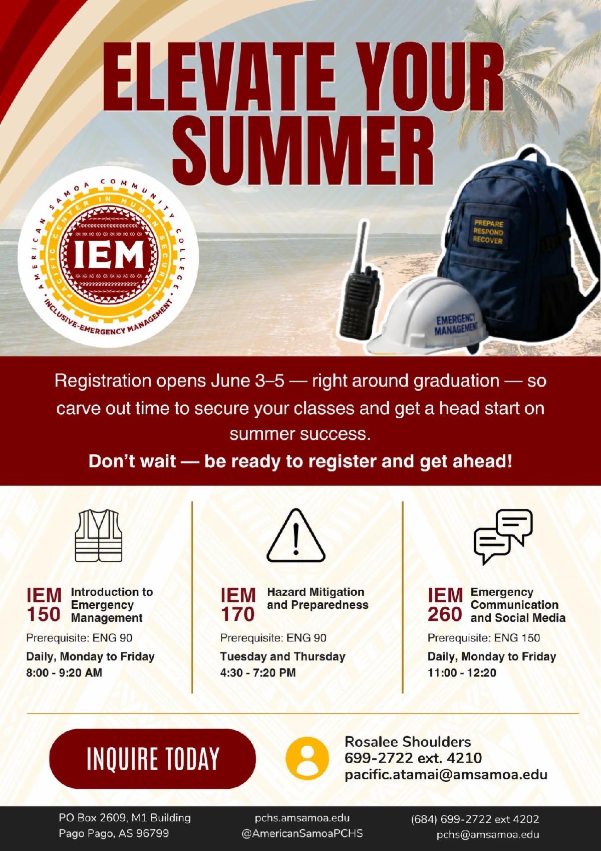 Graphic of available courses in summer, IEM 150, 170 & 260