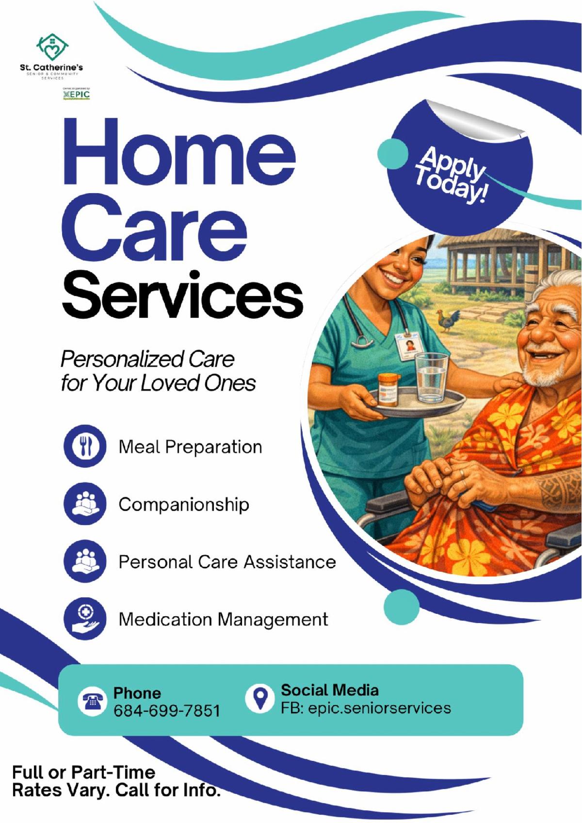 Graphic, Home Care Services, AI image of elder Samoan man with nurse. 