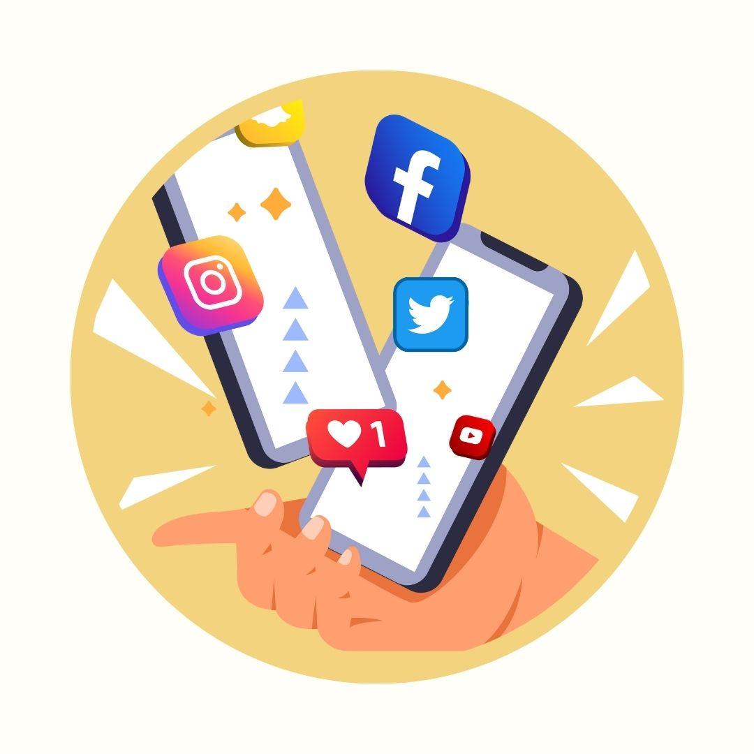 Social media logos (Facebook, Twitter, and Instagram) on cellphones graphic