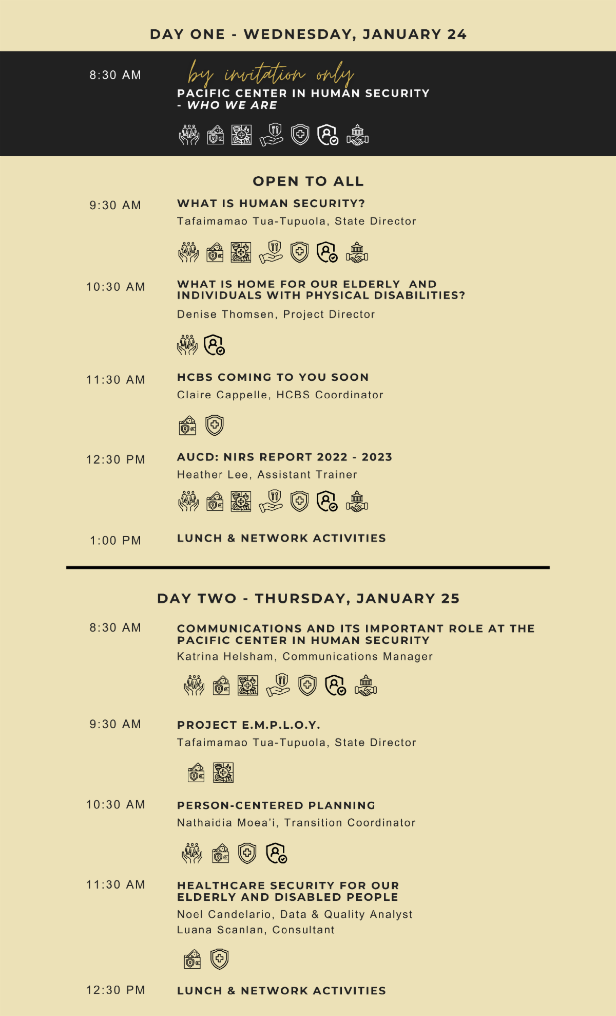 Day One, Tentative Schedule on January 24, 2024. 8:30 AM - By Invitation Only. Pacific Center in Human Security - Who We Are. Presented by Tafaimamao Tua-Tupuola, State Director. Open to all. 9:30 AM - What is Human Security? Presented by Tafaimamao Tua-Tupuola, State Director. 10:30 AM - What is Home for our Elderly and Individuals with Physical Disabilities? Presented by Denise Thomsen, Project Director. 11:30 - HCBS Coming to You Soon. Presented by Claire Capelle, HCBS Coordinator. 12:30 - AUCD - NIRS Report 2022 – 2023. Presented by Heather Lee, Assistant Trainer. 1:00 Lunch & Network Activities. Day Two, Tentative Schedule on January 25, 2024. 8:30 AM - Communications and its Important Role at the Pacific Center in Human Security. Presented by Katrina Helsham, Communications Manager. 9:30 AM - Project E.M.P.L.O.Y. Presented by Tafaimamao Tua-Tupuola, State Director. 10:30 AM - Person Centered Planning. Presented by Nathadia Moea'i, Transition Coordinator. 11:30 - Healthcare Planning for Our Elderly and Disabled People. Presented by Noel Candelario, Data Analyst, and Luana Scanlan, Consultant. 12:30 - Lunch & Network Activities. 
