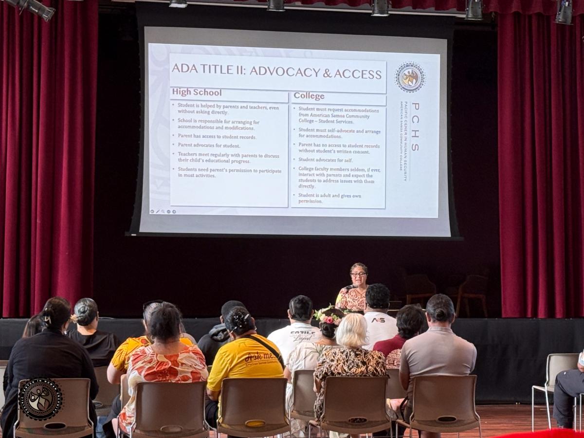 PCHS State Director Tafa speaking to staff and faculty with a powerpoint with the title "ADA II, Advocacy & Access" 