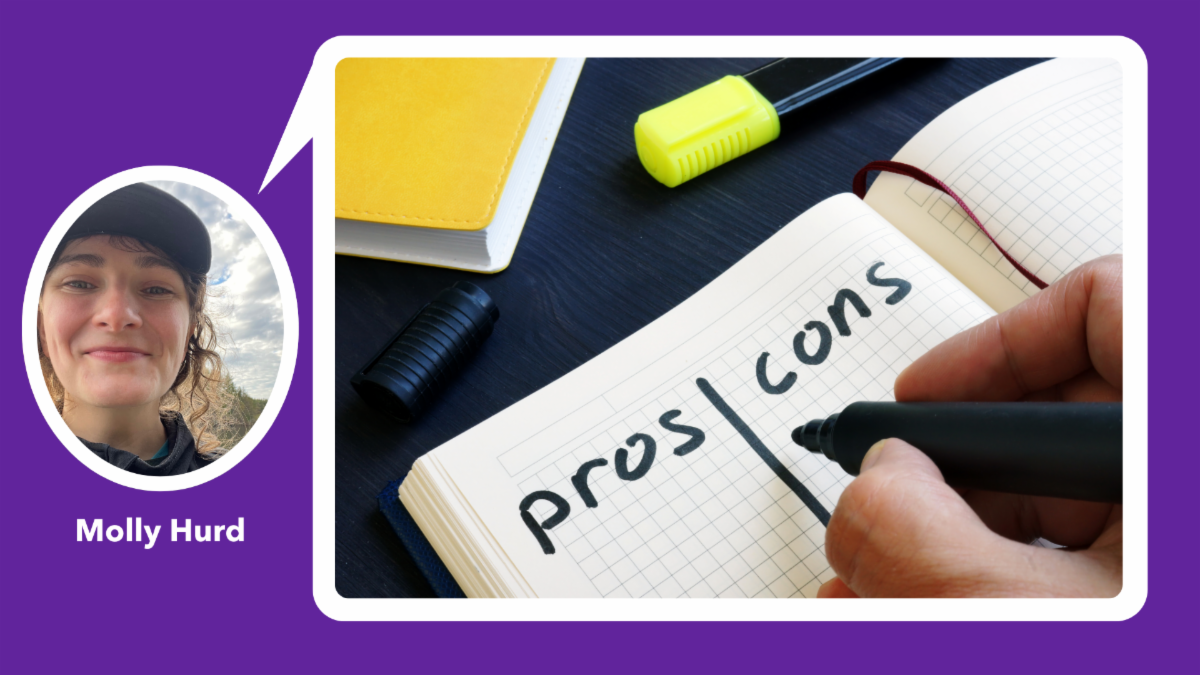 A graphic image of Molly Hurd and a stock image of her favorite resource, CQ Researcher. The stock image is a paper with "Pros" and "Con"s written on it in black marker.