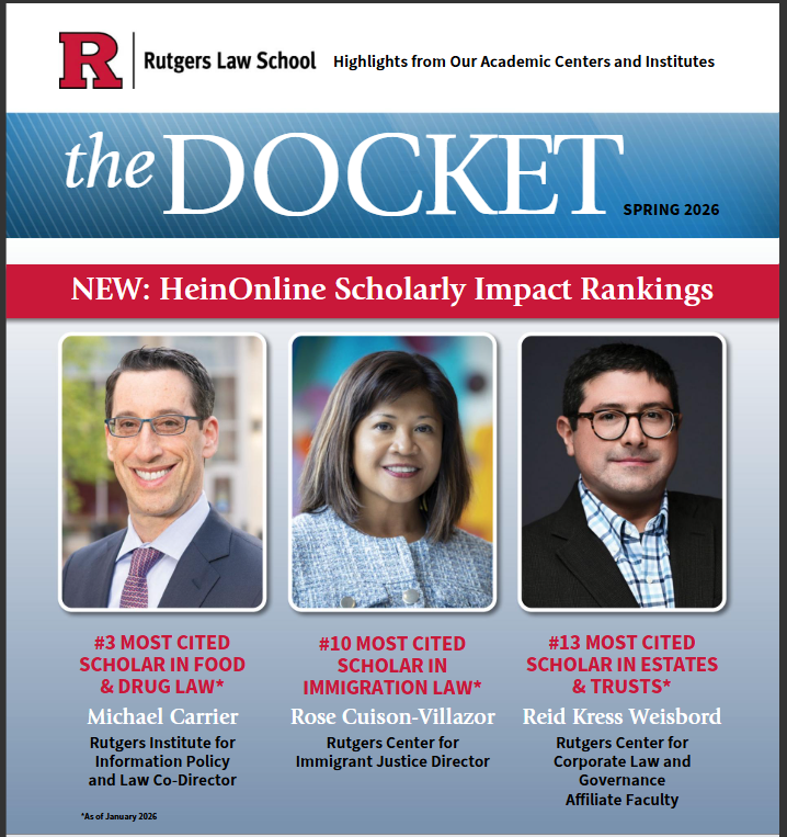 two men and one woman smiling on cover of newsletter for Rutgers Law School named The Docket with text above and below each image