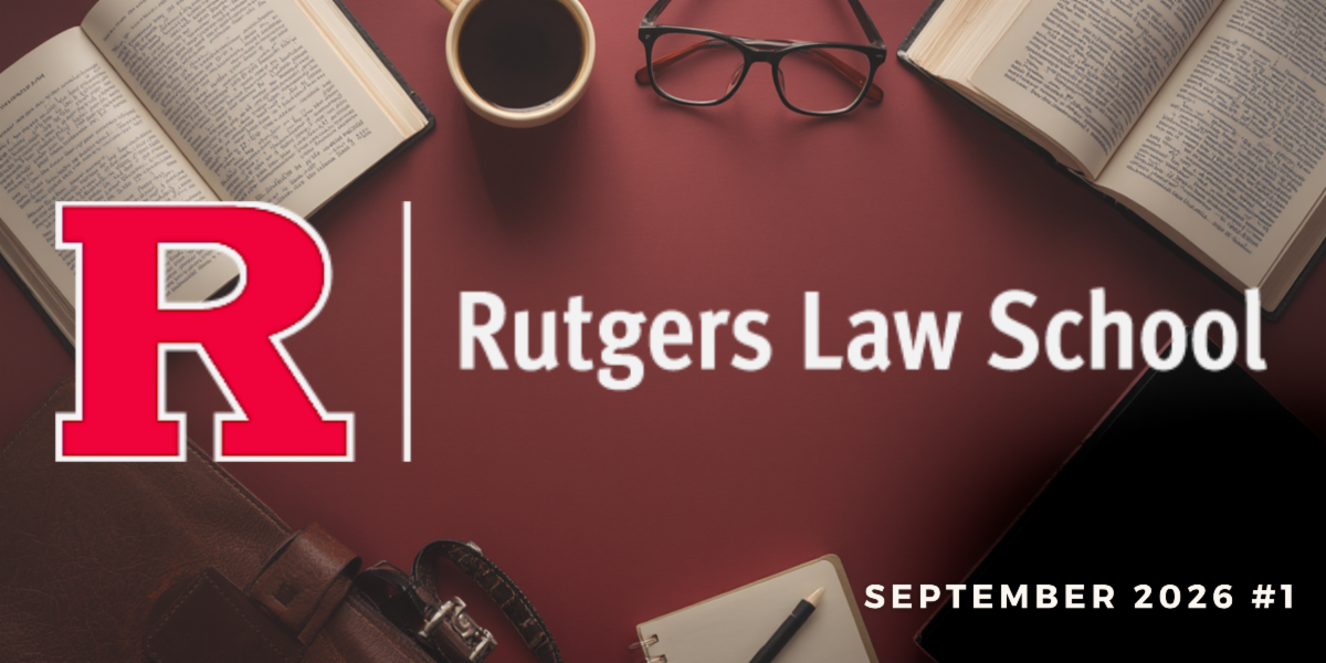 open books, coffee, pens and glasses resting on red background with Rutgers Law School logo in foreground and September 2026 #1 in lower right corner