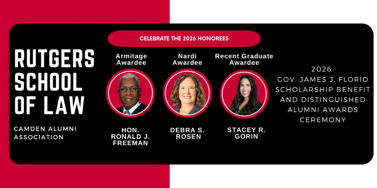 red, white, black banner with text and three photos of people in circles