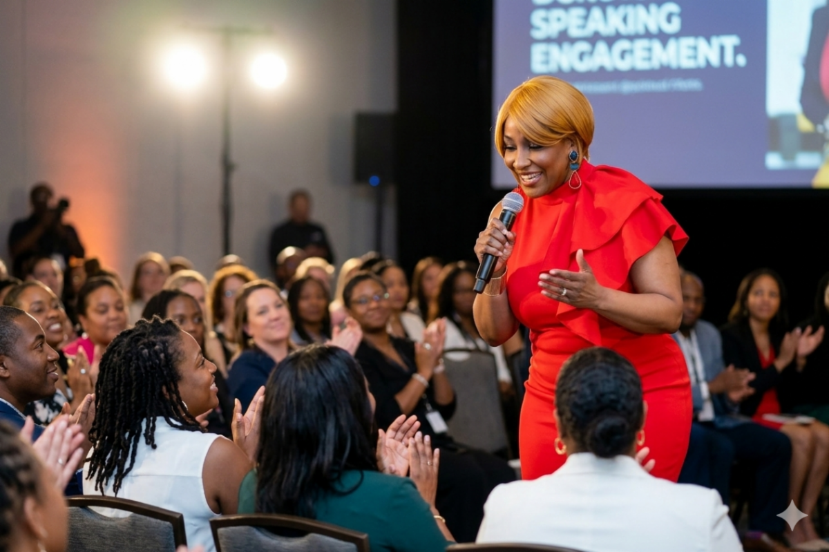 woman in red dress speaking into mic in front of large seated crowd with large screen in background