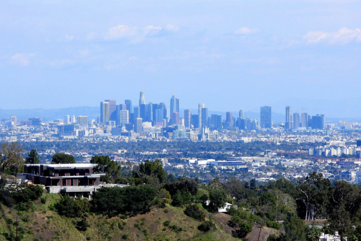 The LA skyline on a clear day in March 2020. Photo by Nurit Katz/UCLA