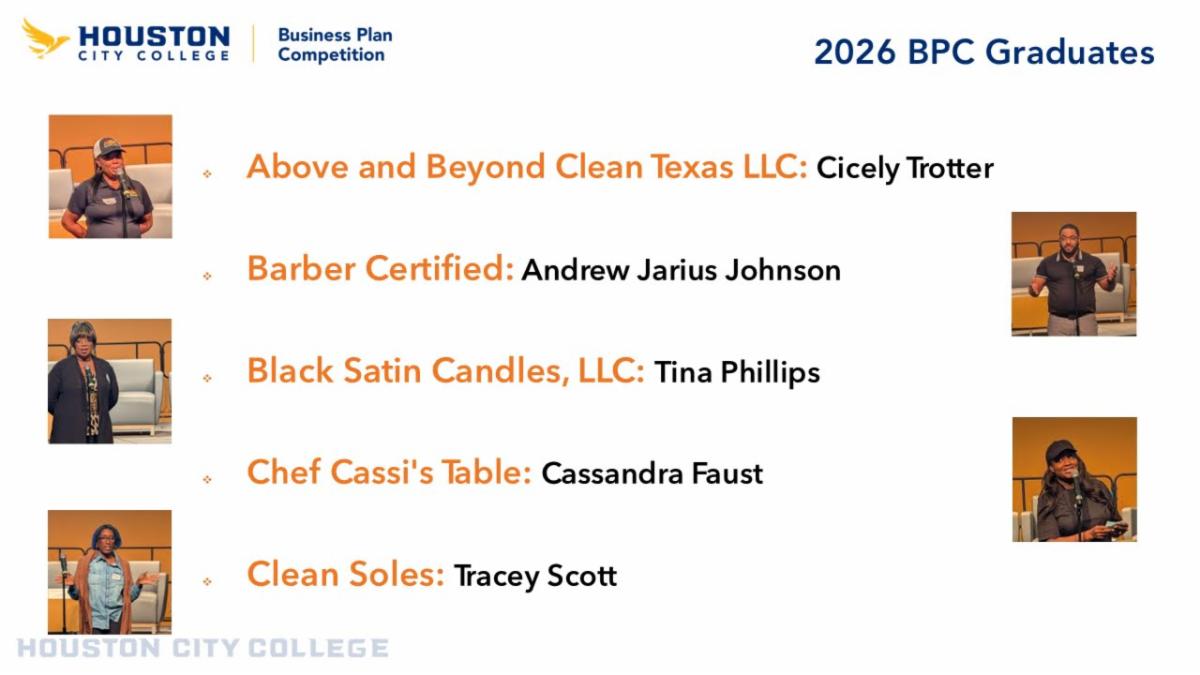 Slide - Congratulations and certificates go to: Above and Beyond Clean Texas LLC - Cicely Trotter Barber Certified – Andrew Johnson Black Satin Candles – Tina Phillips and Archie Phillips Chef Cassi's Table – Cassandra Faust Clean Soles – Tracey Scott