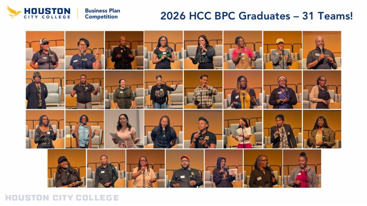 Slide with pics of  31 2026 HCC Business Plan Competition Graduates. Pics were taken when they began practicing their one-minute pitches live in competition Training session #2 - All 31 teams accepted into the competition met the all competition requirements and deadlines to graduate from the 2026 Competition