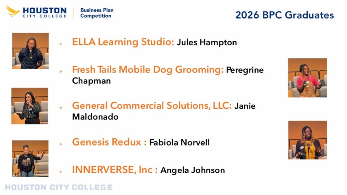 Slide - Congratulations and certificates go to: ELLA Learning Studio - Jules Hampton Fresh Tails Mobil Dog Grooming - Peregrine Chapman General Commercial Solutions, LLC – Janie Maldonado and Joele Maldonado Genesis Redux - Dr. Fabiola Norvell INNERVERSE – Angela L. Johnson and Timothy E. Butts