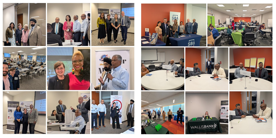 Collage of Wallis Bank Hosted Indo-American Chamber of Commerce IACCGH event featuring SBA at Wallis Bank 03 31 26  Collage of Wallis Bank at HCC Alief Hayes our SBA Lender Matchmaking 05 19 26 - 