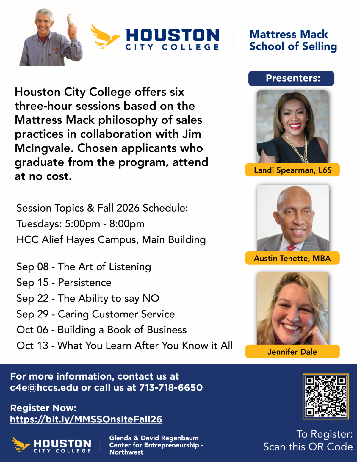 HCC Mattress Mack School of Selling Flyer Fall 2026 Onsite. Scroll down for more information.