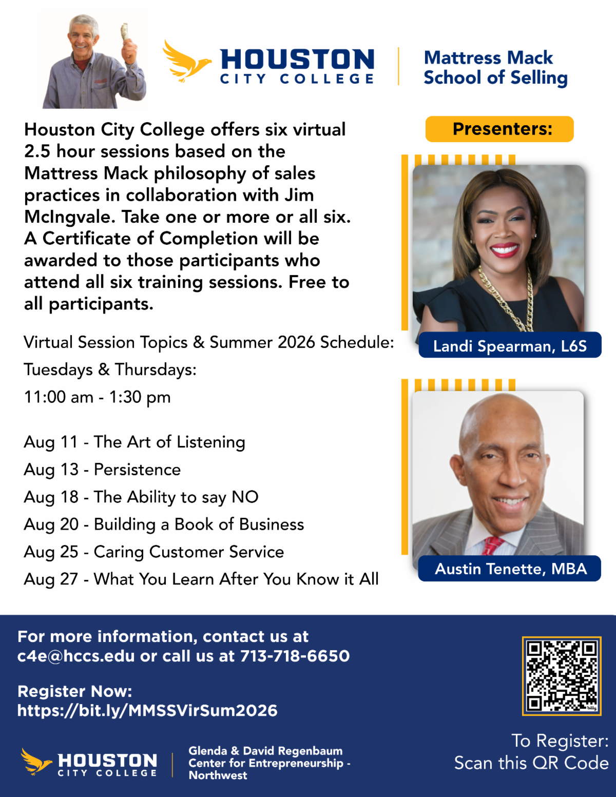HCC Mattress Mack School of Selling. Summer Virtual Cohort 13. Scroll down for more information.
