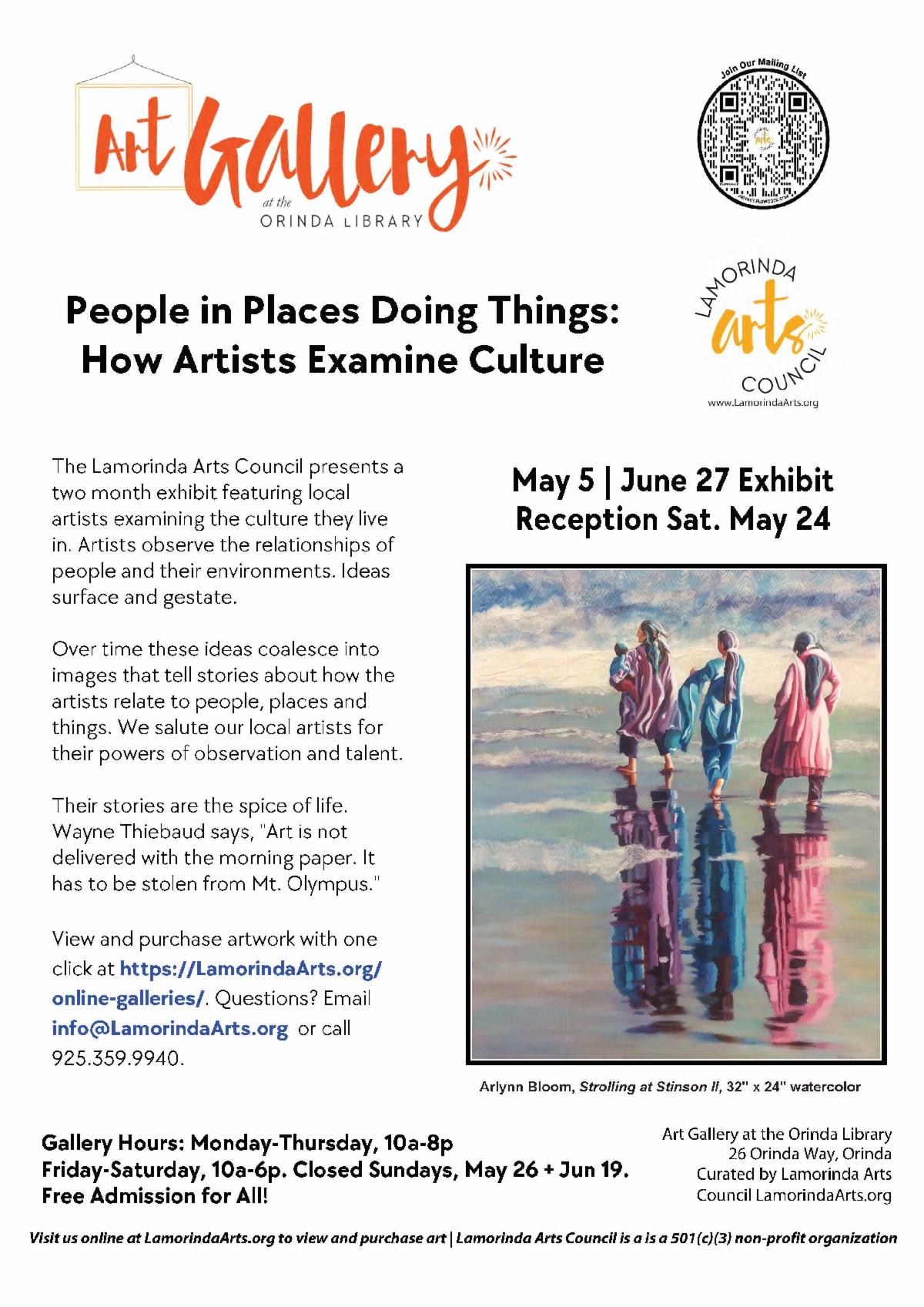 Art Gallery at the Orinda Library: People in Places Doing Things – How Artists Examine Culture