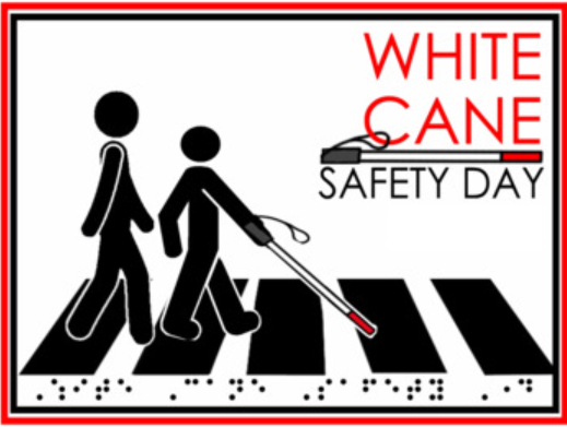 Illustration of blind person using a white cane to cross the street