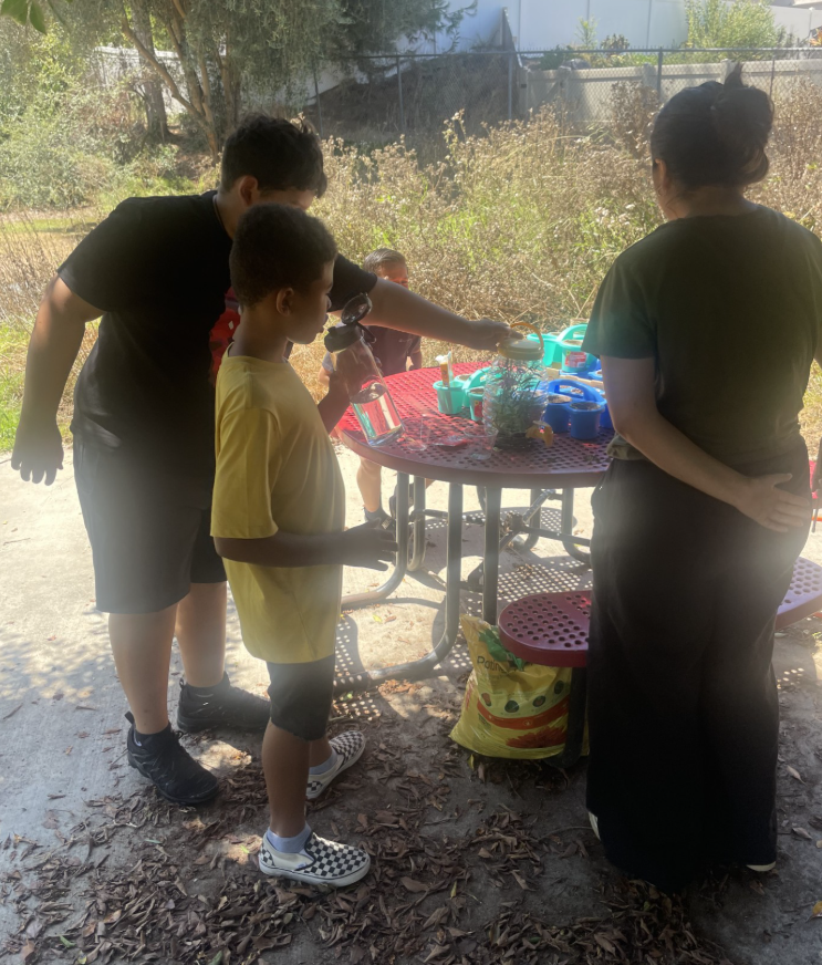 Students of our new SELPA Academy working together at an outside table to take care of plants.
